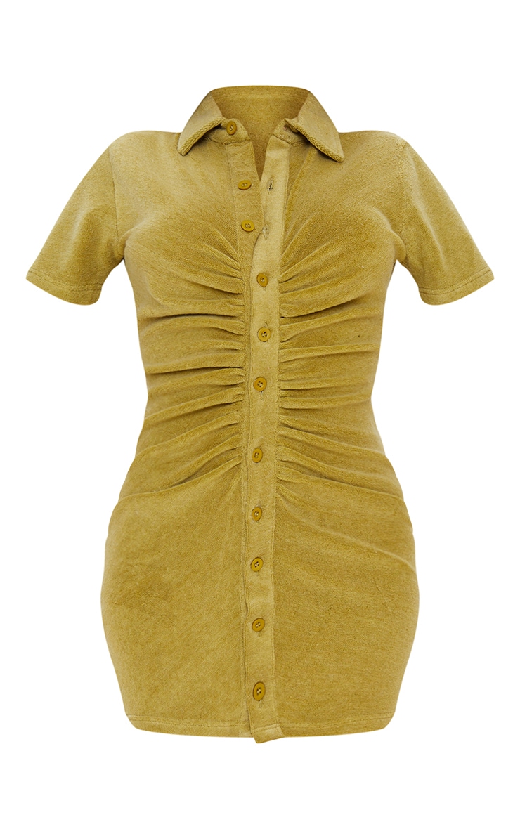 Olive Ruched Button Down Collar Detail Towelling Bodycon Shirt image 4