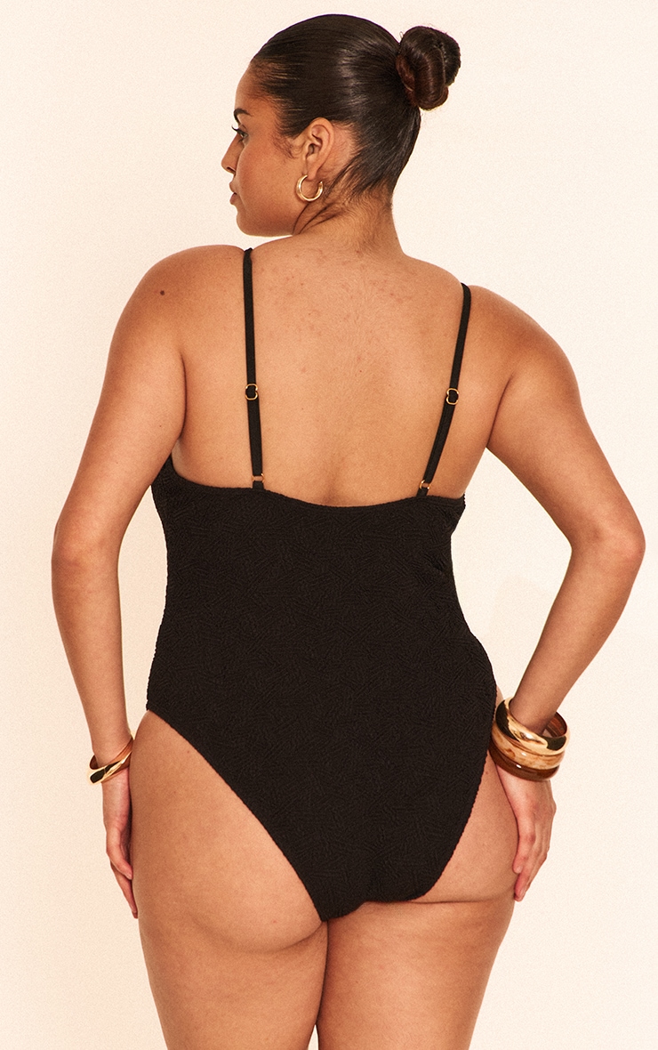 Plus Black Textured Bead Trim Plunge Swimsuit image 2