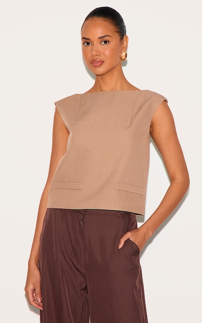 Top long tissé gris champignon à épaules carrées