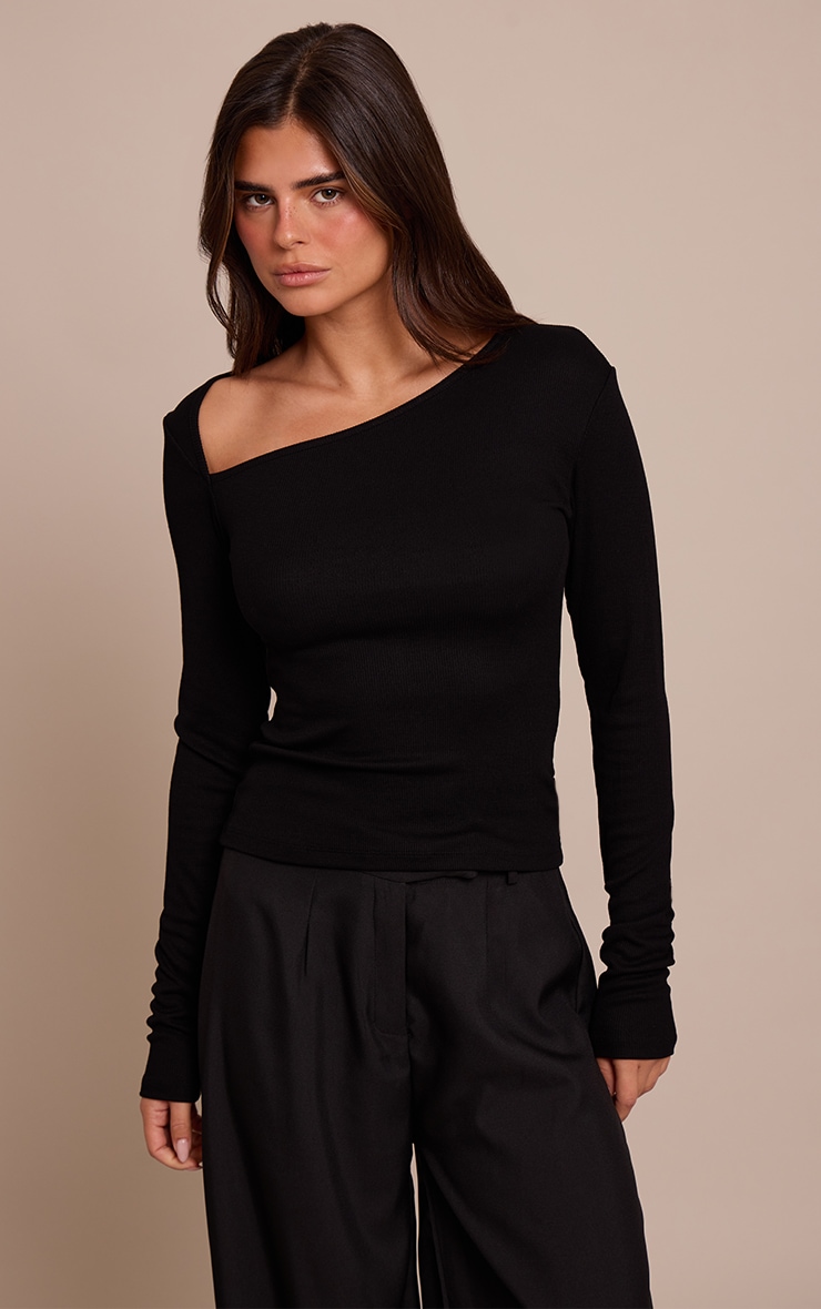 Black Soft Rib Asymmetric Detail Fitted Longline Top