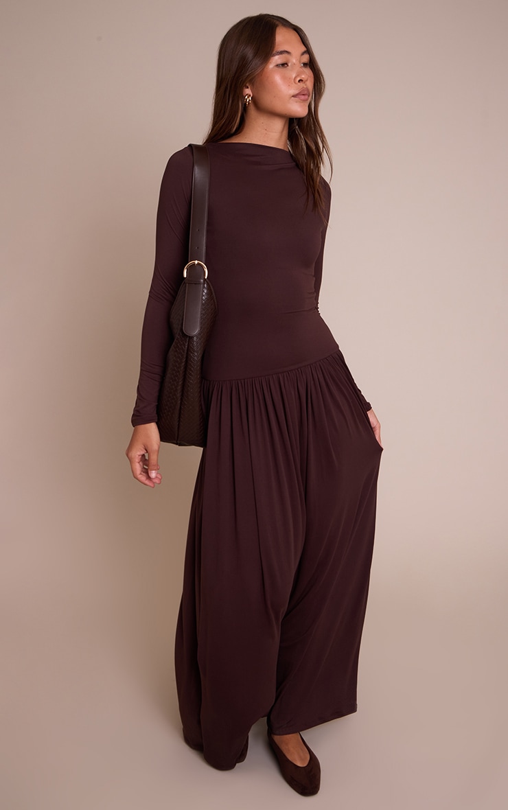 Chocolate Double Layer Jersey Dropped Waist Long Sleeve Maxi Dress image 3