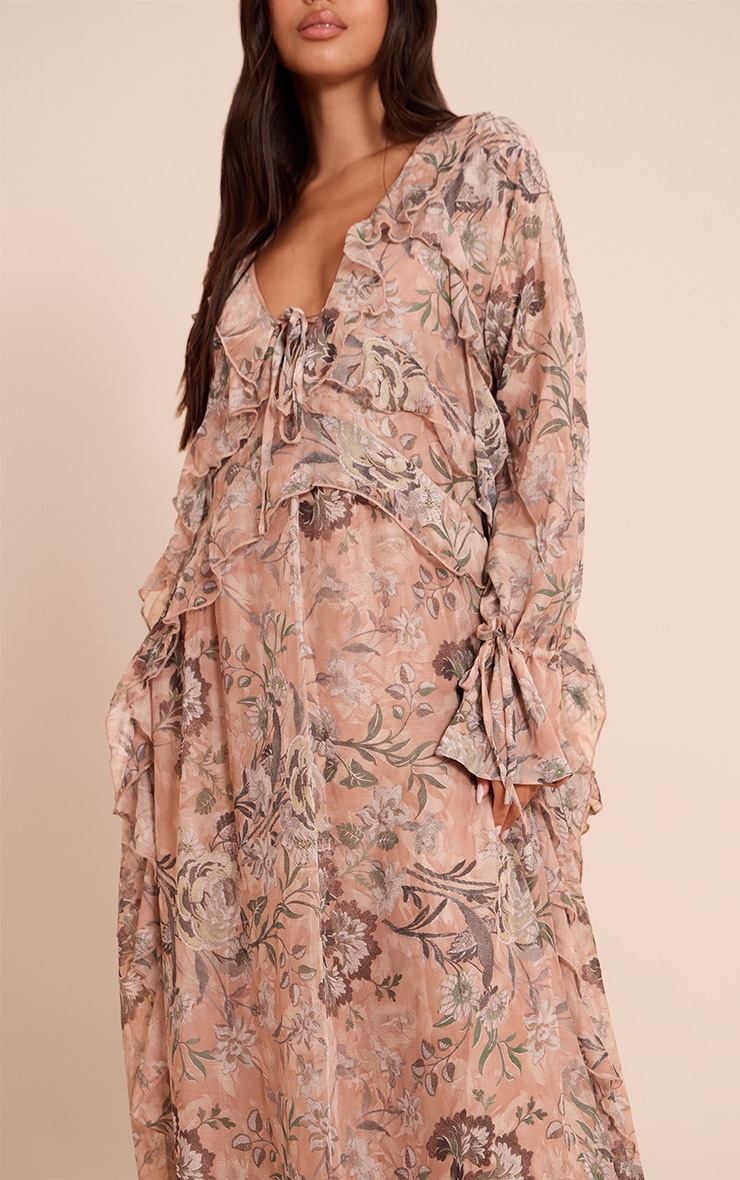 Blush Floral Printed Plunge Extreme Frill Maxi Dress image 4