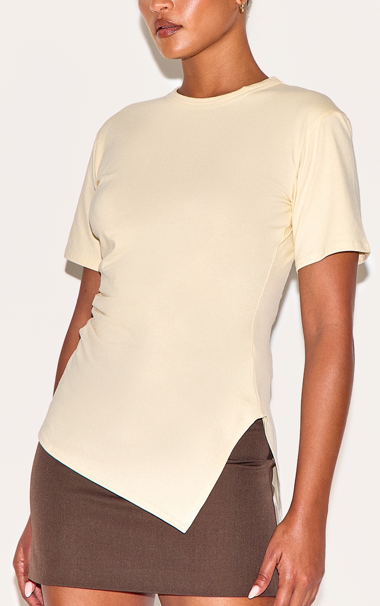 Butter Yellow Cotton Ruched Side Asymmetric Hem T-shirt image 4