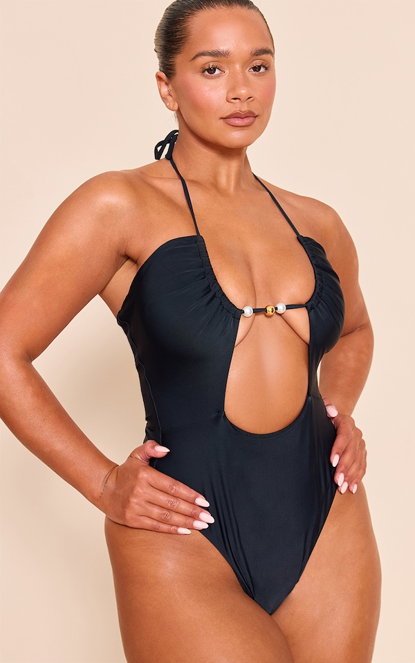 Shape Black Beaded Halterneck Swimsuit