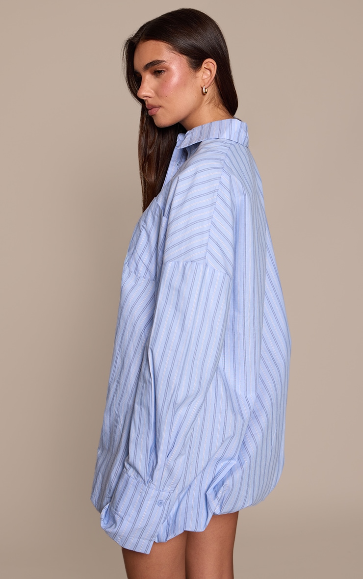 Blue Pinstripe Cotton Poplin Long Sleeve Puffball Dress image 2