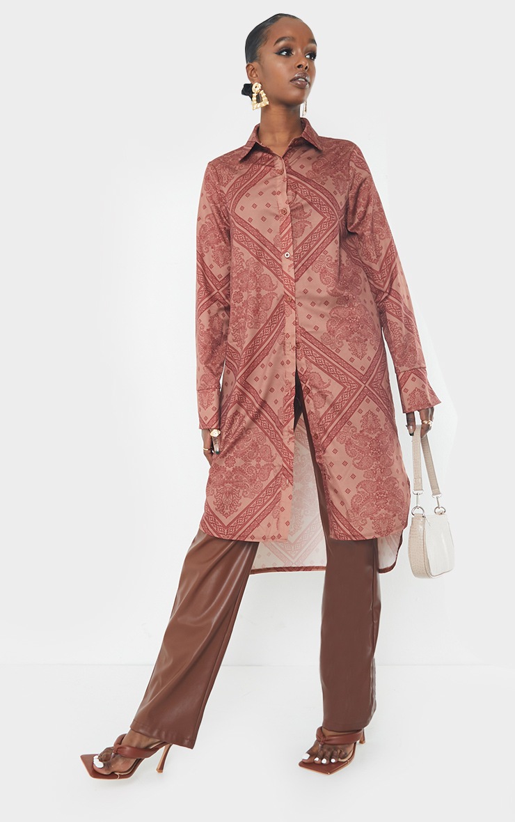 Rust Printed Split Hem Shirt Dress