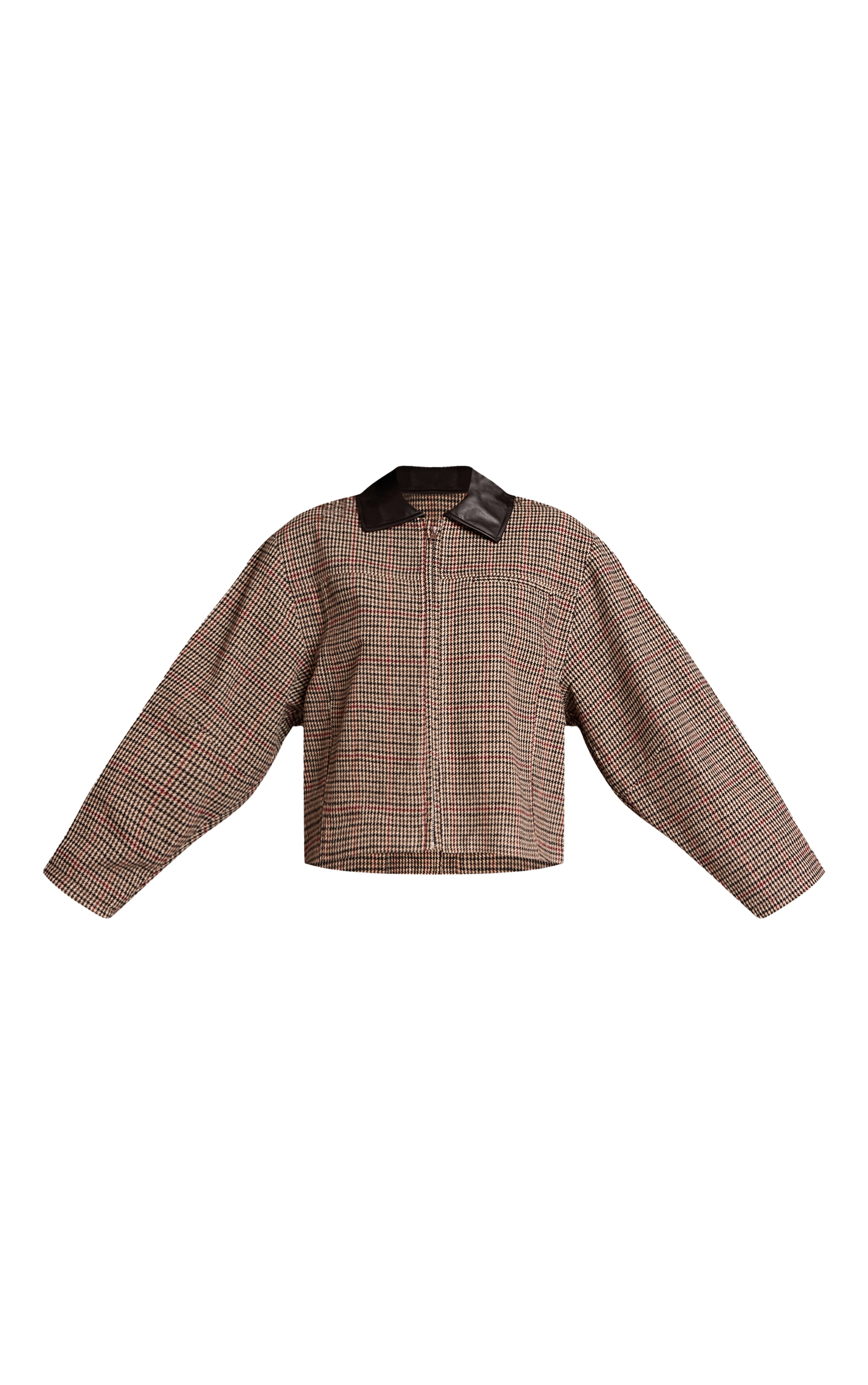 Brown Checked PU Collar Zip Up Jacket image 5