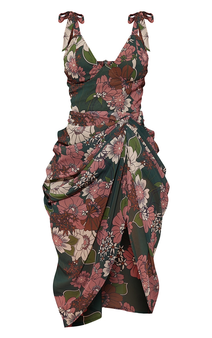 Green Floral Underwire Draped Midi Dress PrettyLittleThing USA