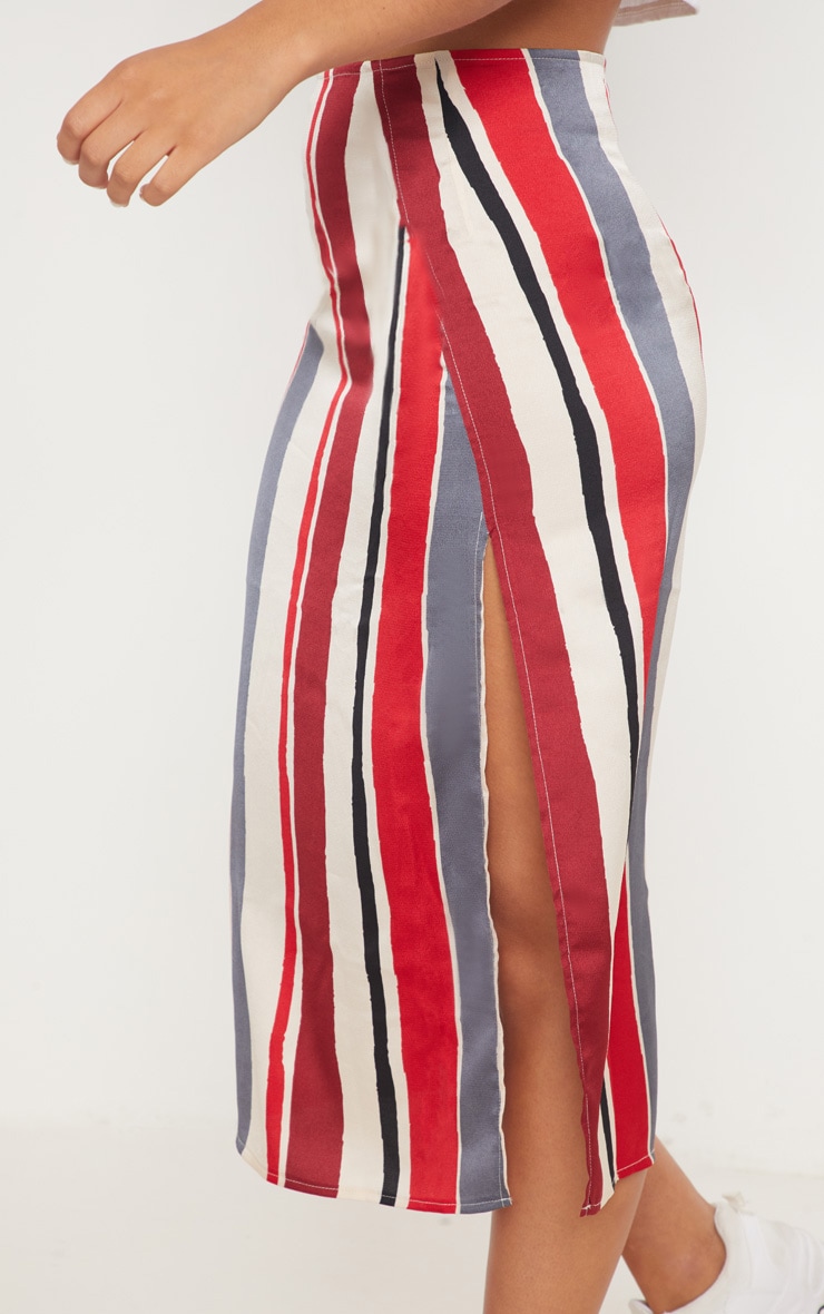Red Satin Stripe Midi Skirt Skirts PrettyLittleThing USA