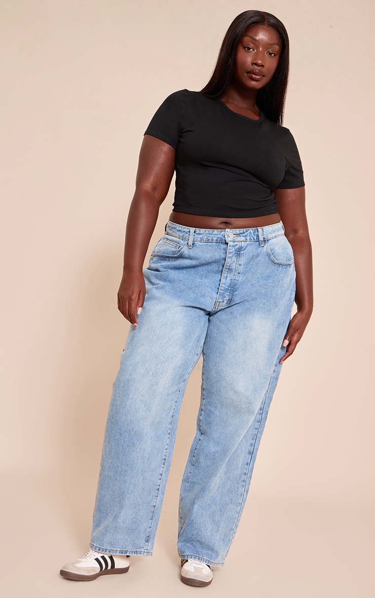 Plus Black Cotton Crew Neck Cropped Short Sleeve T-Shirt image 3