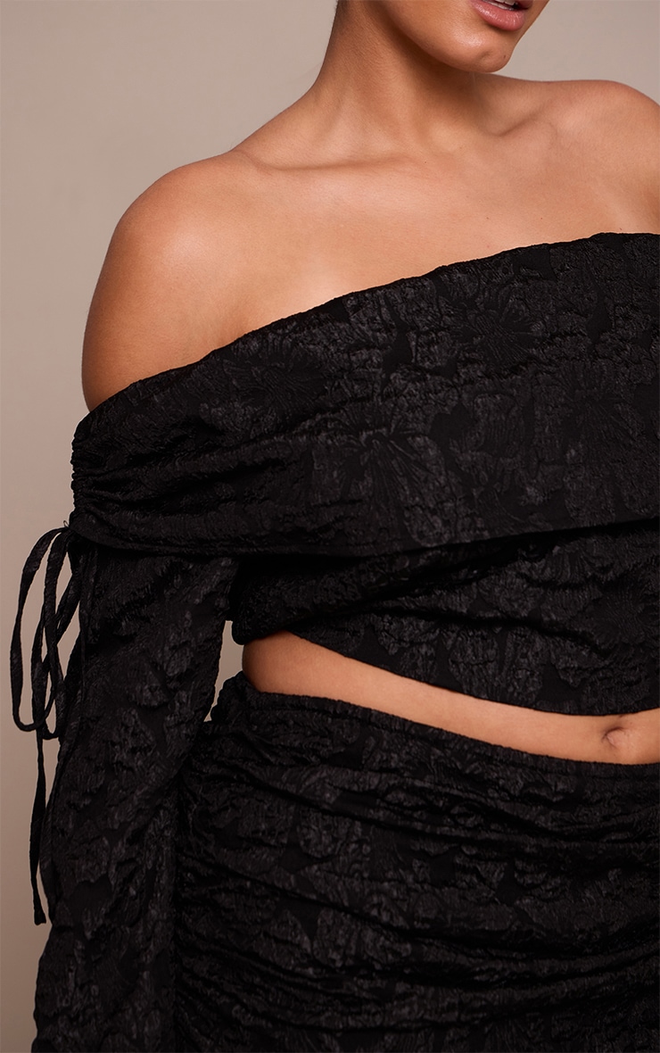 Plus Black Floral Jacquard Bardot Top image 4