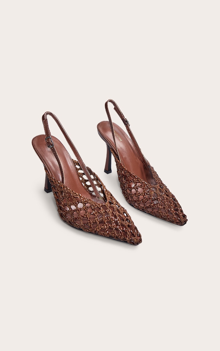 Chocolate Pu Point Toe Woven High Heeled Sling Back Courts image 2