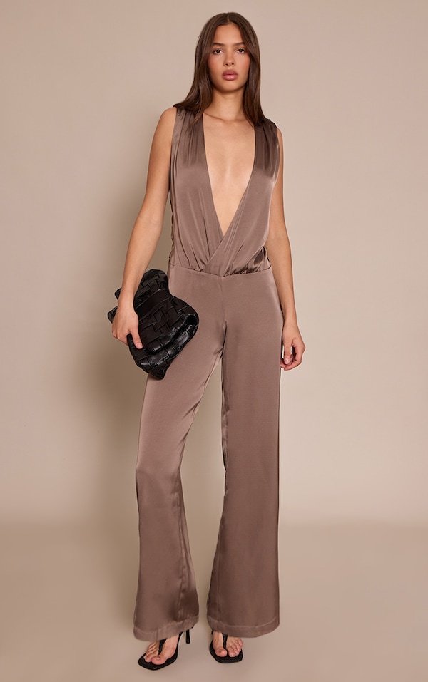 Deep Taupe Satin Plunge Dropped Waist Jumpsuit