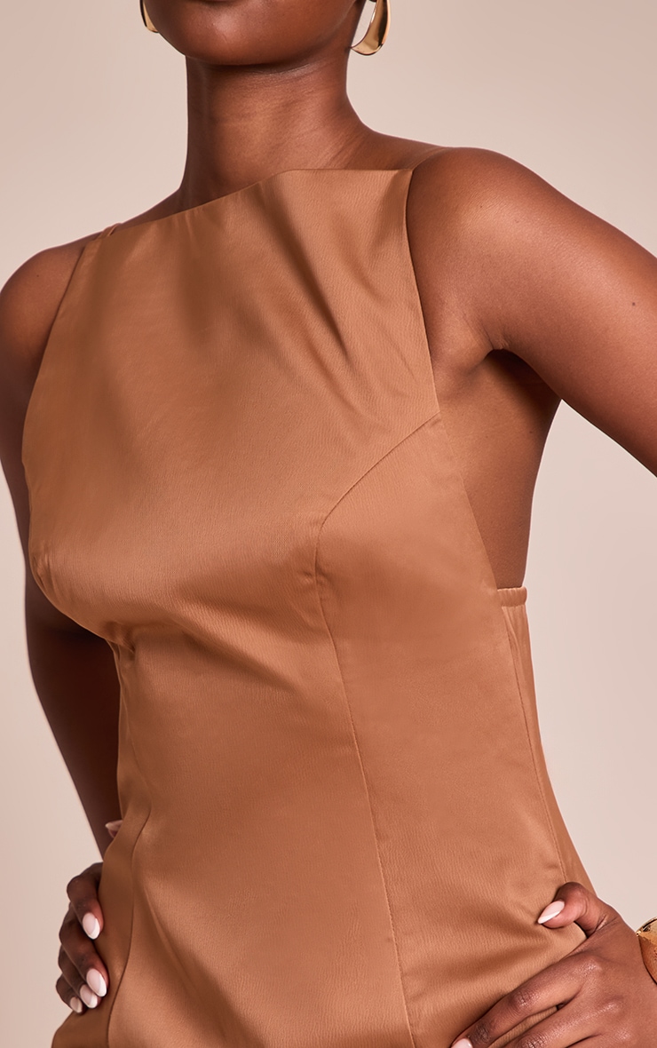 Chocolate Satin Boat Neck Bodycon Mini Dress image 4