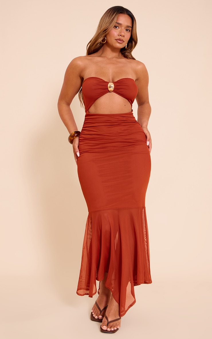 Shape Rust Bandeau Mesh Gold Trim Cut Out Dropped Hem Maxi Dress image 1