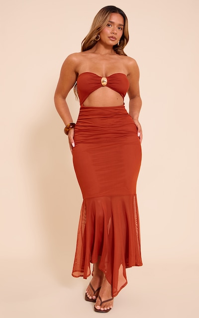Shape Rust Bandeau Mesh Gold Trim Cut Out Dropped Hem Maxi Dress