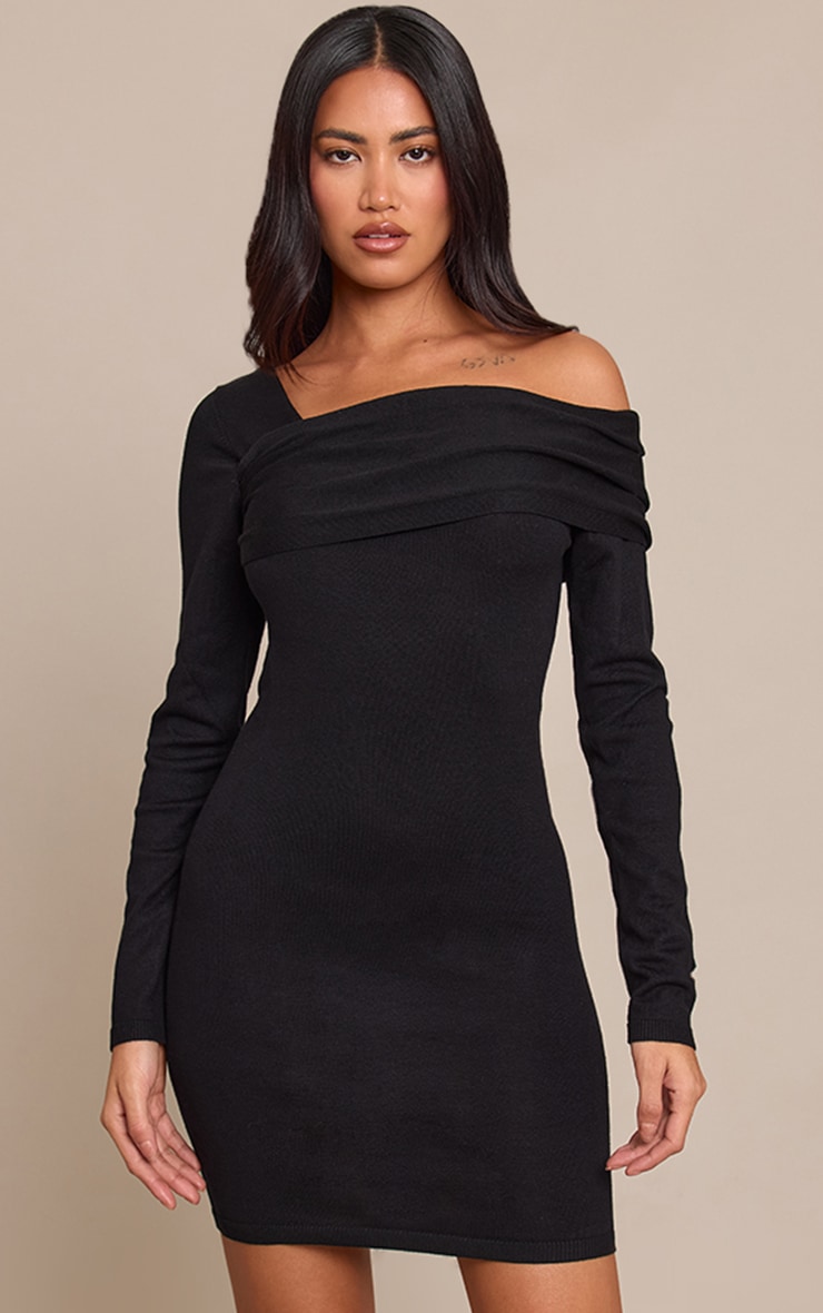 Black Long Sleeve Asymmetric Knitted Mini Dress