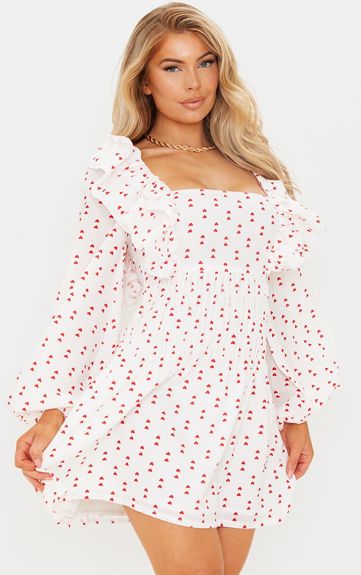 White Heart Print Shirred Square Neck Skater Dress image 1