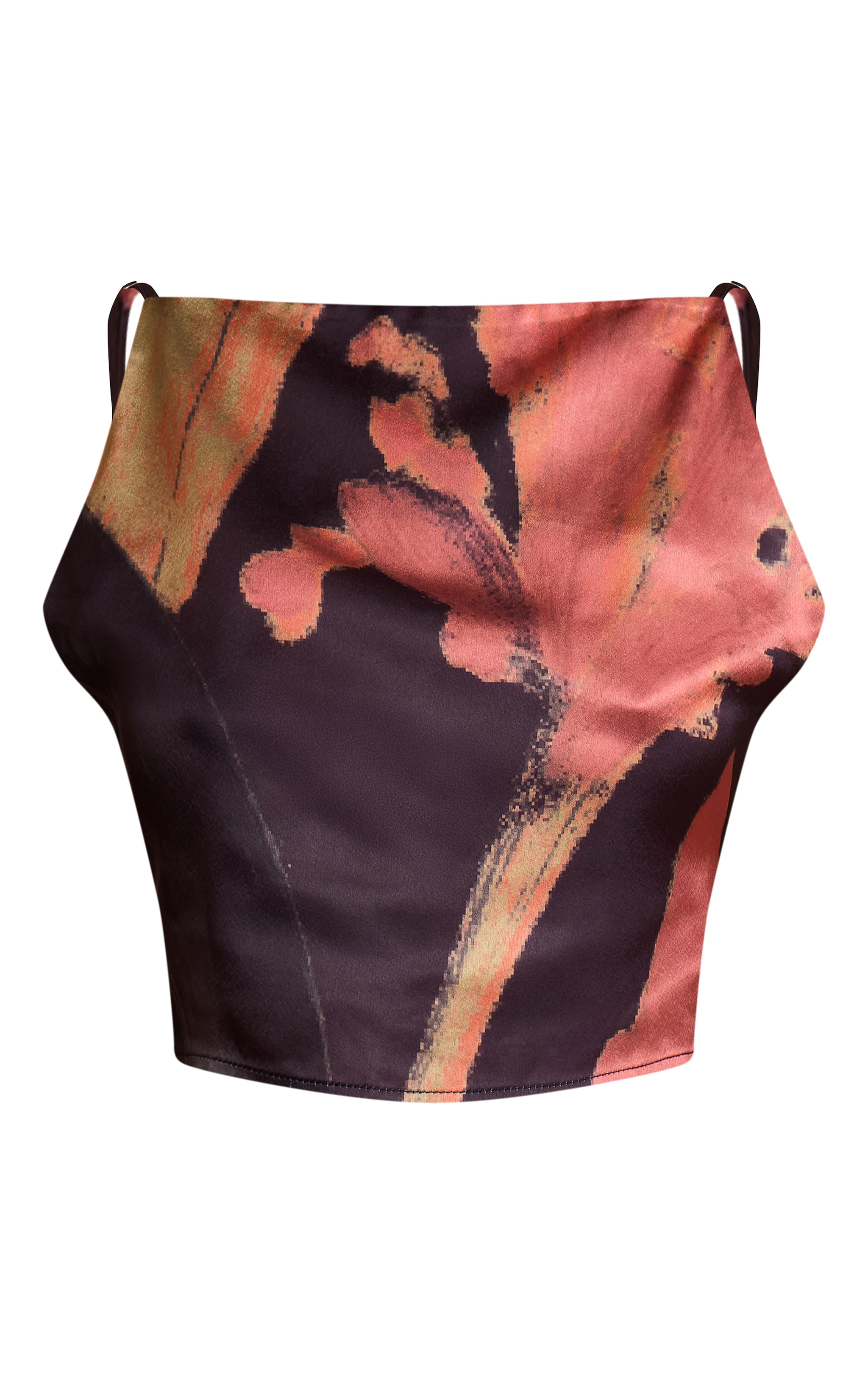 Black Floral Printed Satin Strappy Top image 5