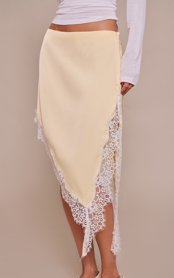 Lemon Satin Lace Trim Asymmetric Midi Skirt image 5