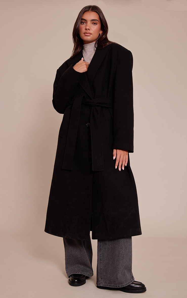 Black Single Breasted Self Tie Wool Look Maxi Coat image 1