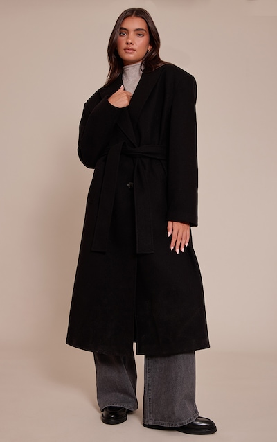 Black Single Breasted Self Tie Wool Look Maxi Coat