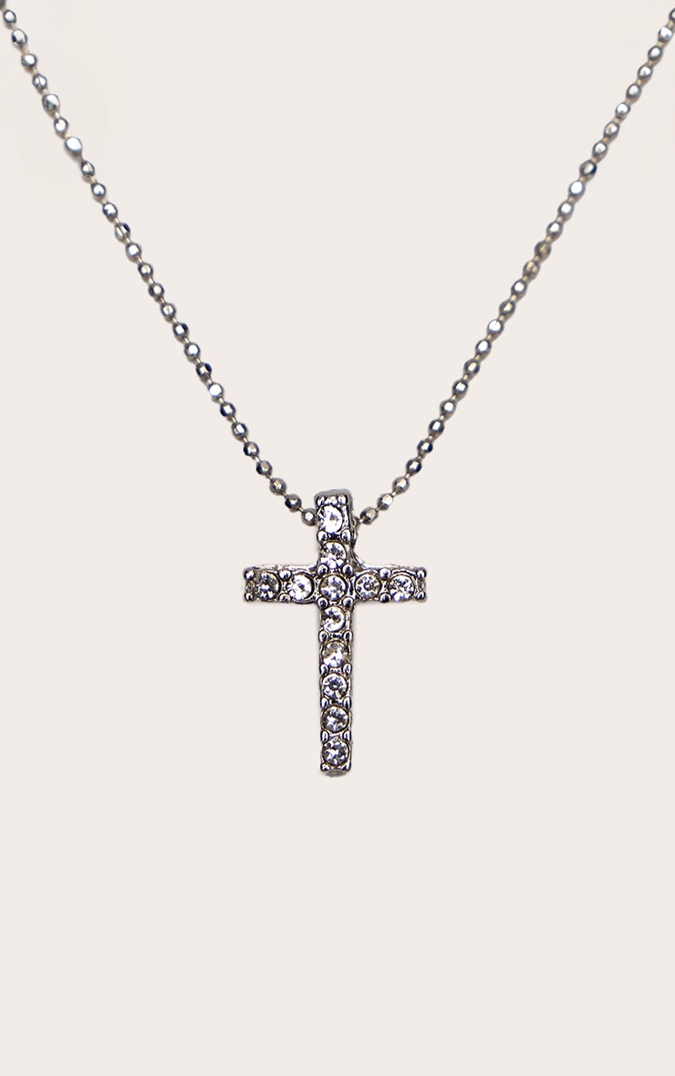 Silver Simple Dainty Diamante Cross Necklace image 1