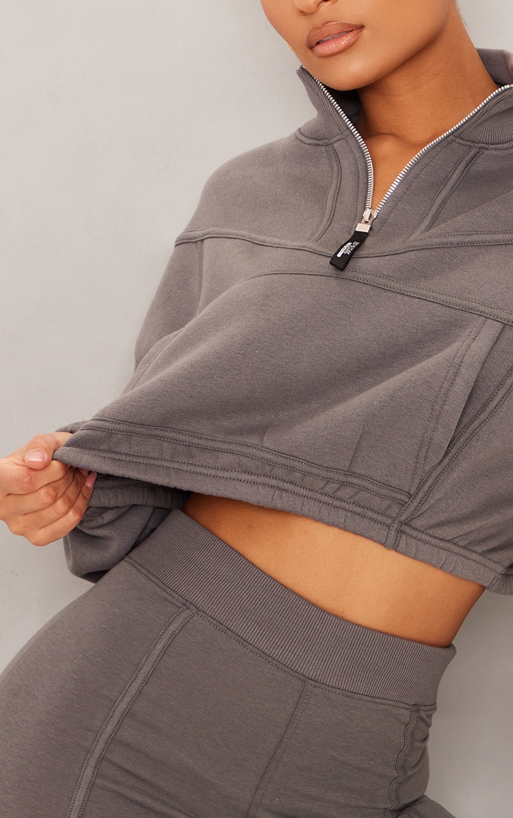 Charcoal Zip Tape Funnel Neck Oversized Cropped Sweatshirt image 4