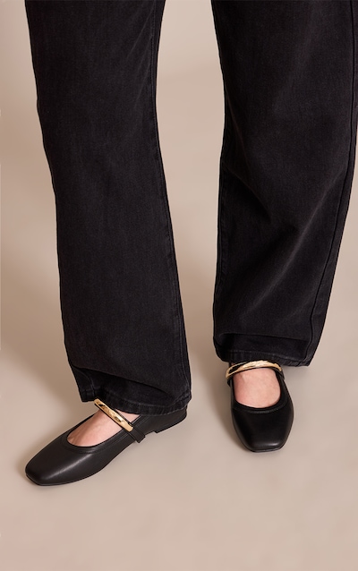 Black Soft PU Gold Strap Square Toe Ballet Flats