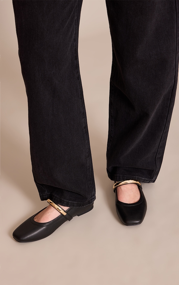 Black Soft PU Gold Strap Square Toe Ballet Flats