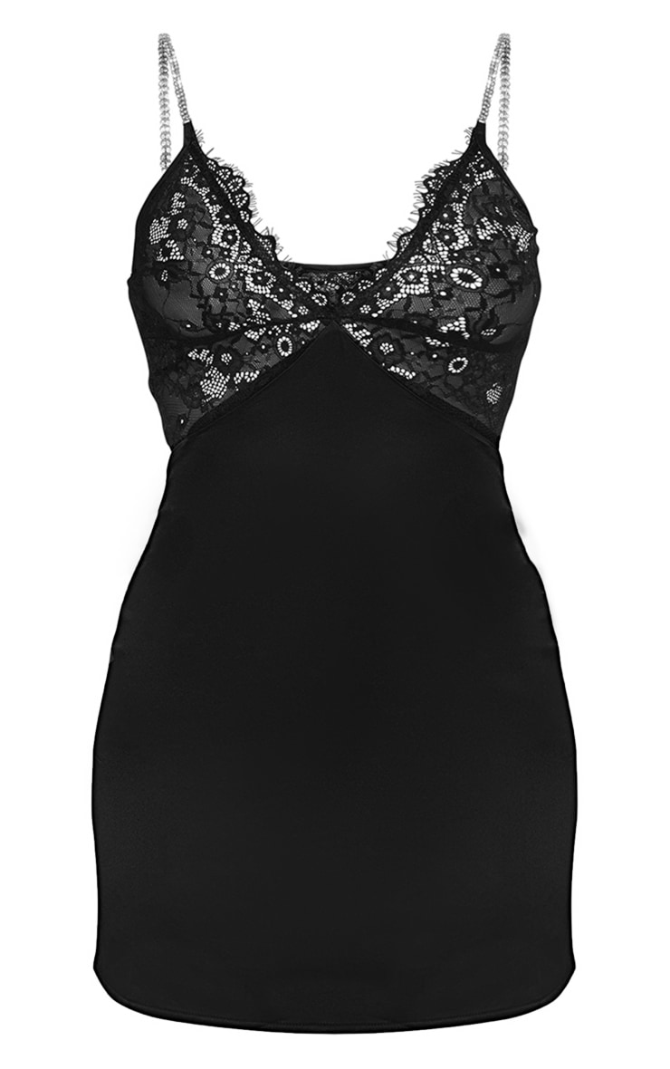 Black Diamante Strap Lace Cup Satin Shift Dress image 5