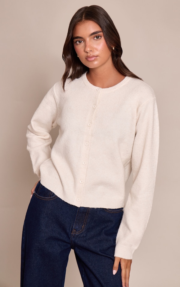 Cream Round Neck Knit Cardigan