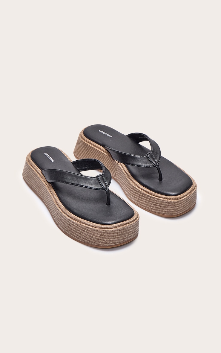 Black PU Toe Thong Round Toe Flatform Sandals image 2