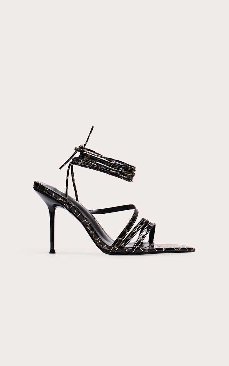 Black Contrast Croc Pu Point Toe Lace Up Heeled Sandals image 1