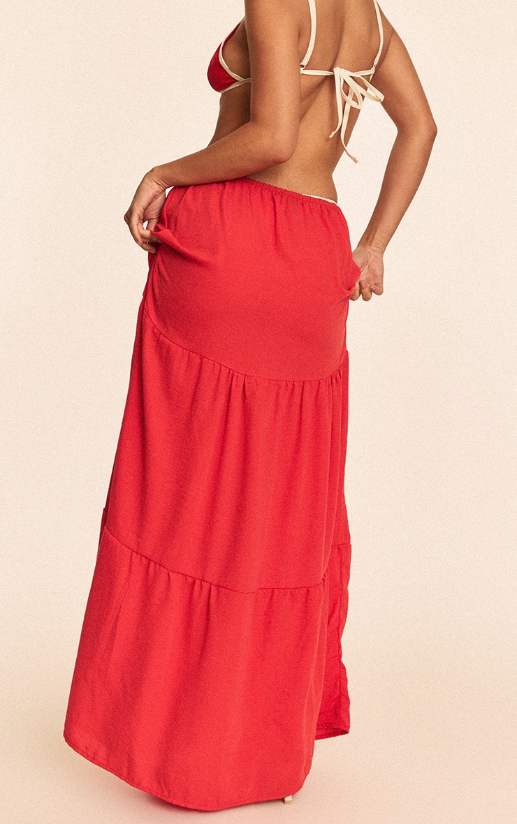 Red Linen Look Tiered Maxi Beach Skirt image 3