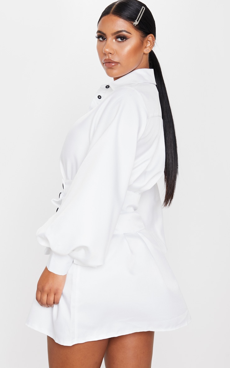 White Button Waist Detail Shirt Dress image 3