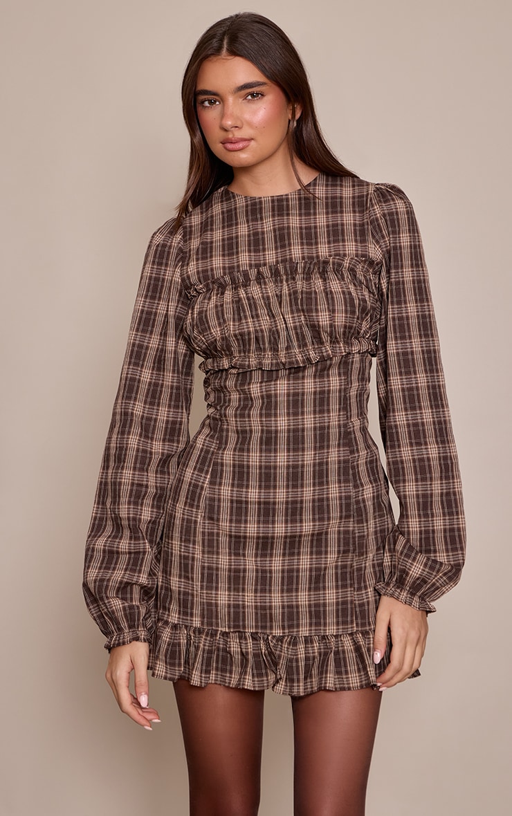 Khaki Check Ruched Bust Long Sleeve Shift Dress image 1