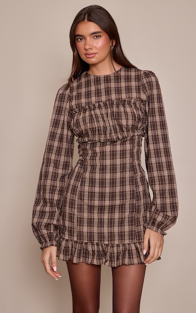 Khaki Check Ruched Bust Long Sleeve Shift Dress
