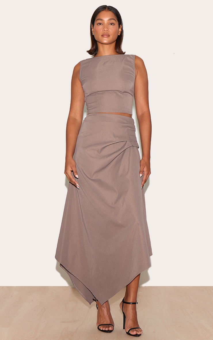  Mushroom Ruched Detail Hanky Hem Midaxi Skirt