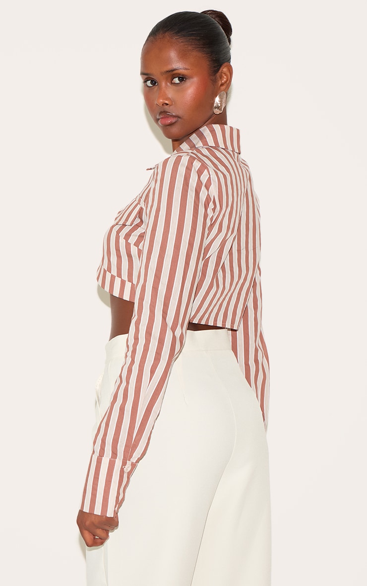 Brown Striped Curved Hem Cropped Shirt image 2