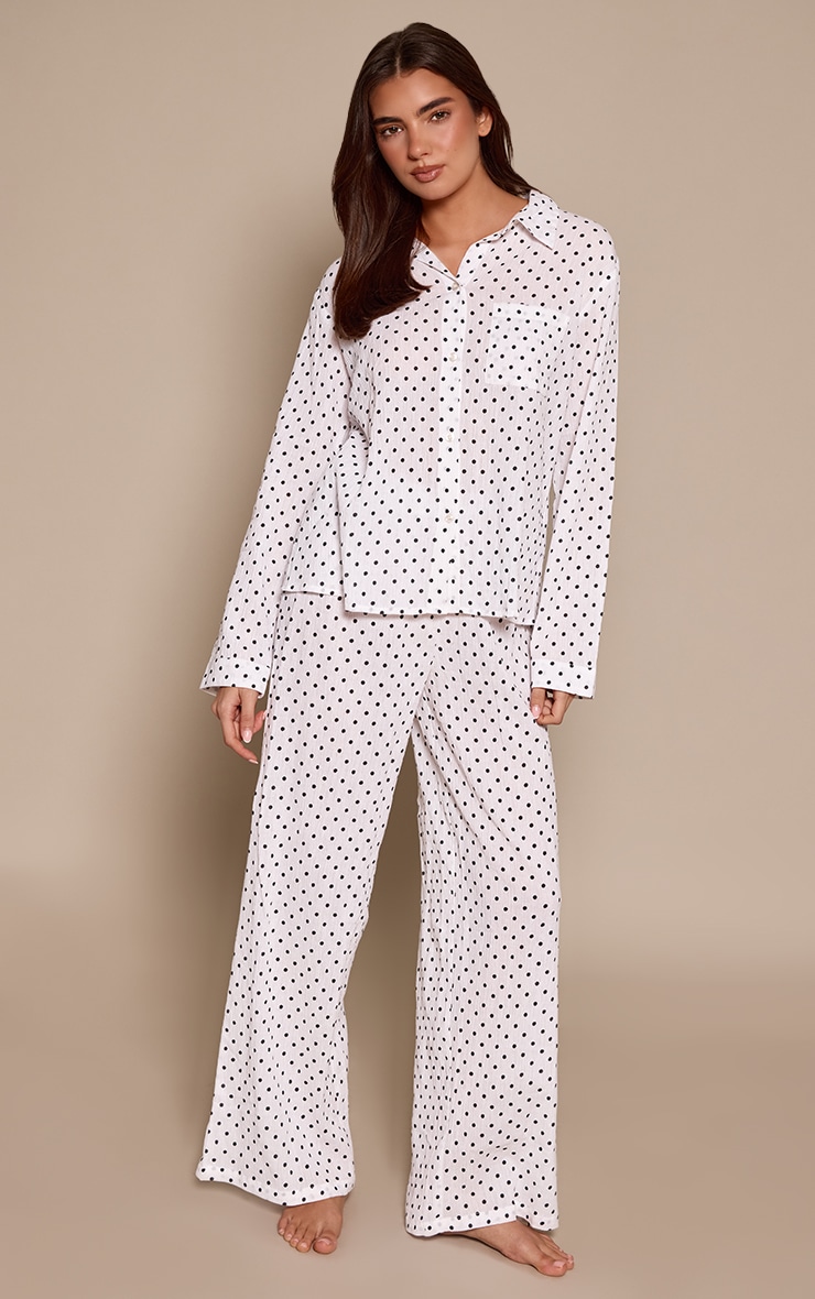 Cream Polka Dot Crinkle Button Up Long Sleeve Pyjamas image 3