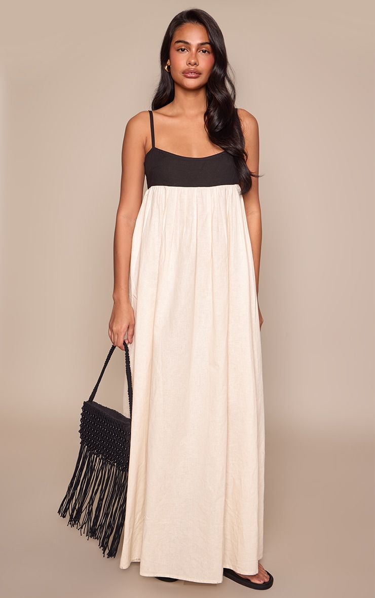 Black Contrast Linen Look Strappy Maxi Dress