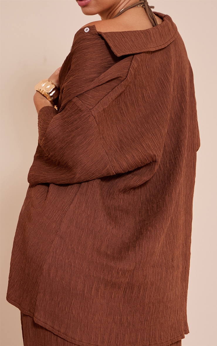 Dark Brown Textured Woven Oversized Short Sleeve Shirt image 4