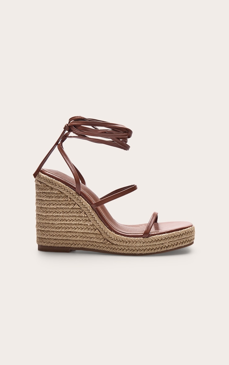 Compensés style espadrilles carrés en PU marron clair à talon haut et lacets image 2