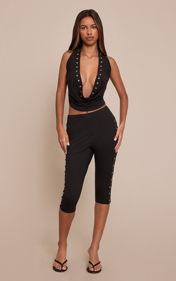 Petite Black Stud Detail Capri Trousers 