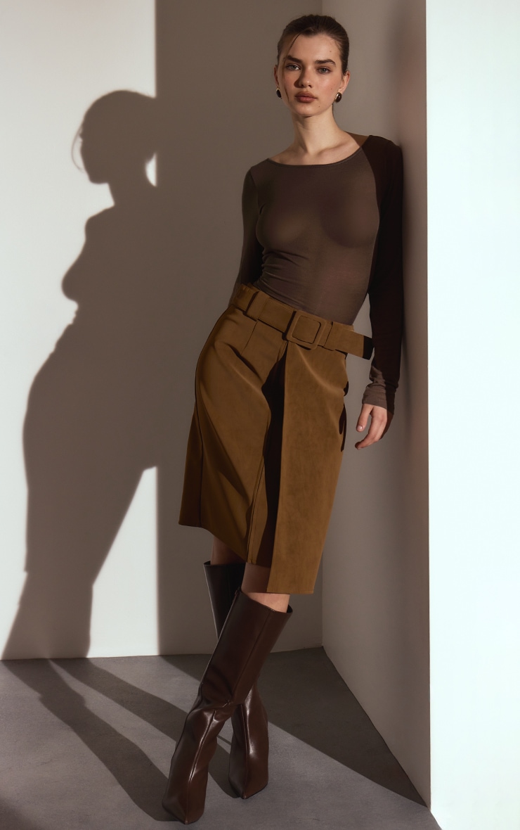 Light Brown Soft Faux Leather Belted Midi Skirt image 1