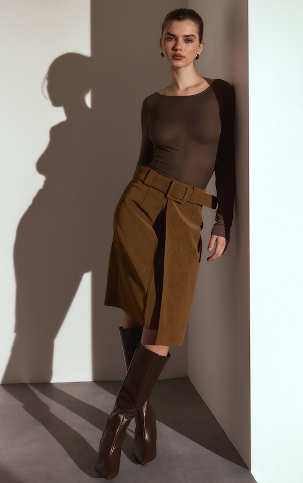 Light Brown Soft Faux Leather Belted Midi Skirt