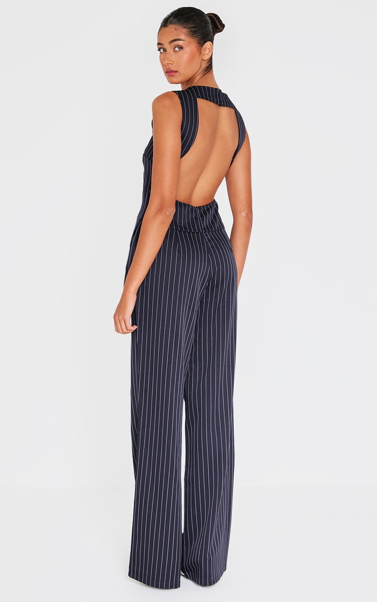 Navy Pinstripe Structured Woven Waistcoat Detail Straight Leg Jumpsuit image 2