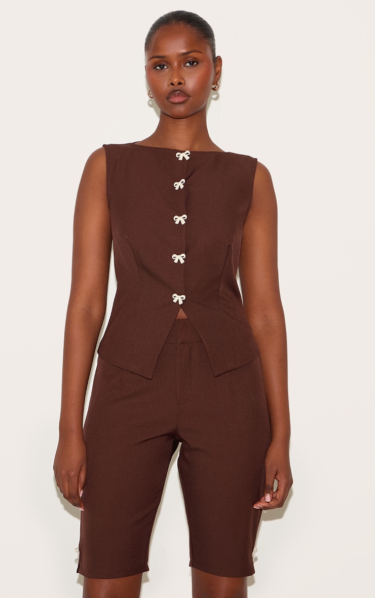 Chocolate Brown Contrast Velvet Mini Bow Detail Vest image 1