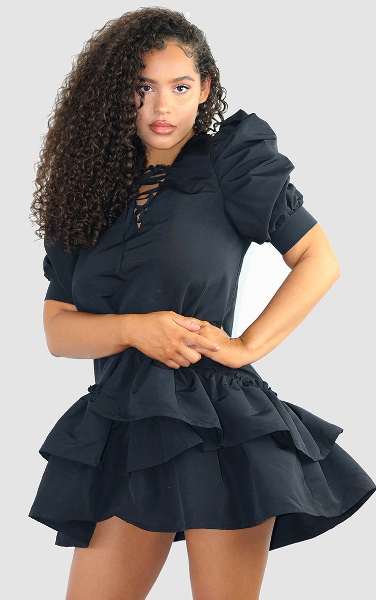 Black Woven Ruched Sleeve Frill Hem Shift Dress